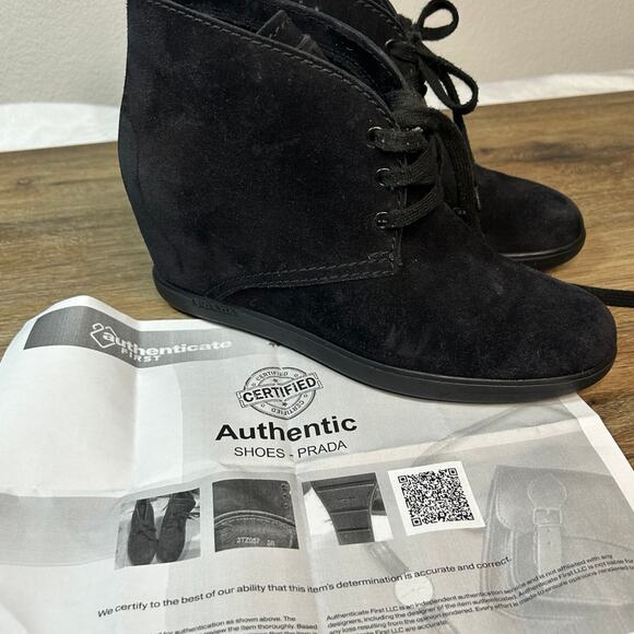 PRADA Rossa Desert Wedge Black Suede 
SIZE 38 Lace-up Booties - Picture 10 of 10